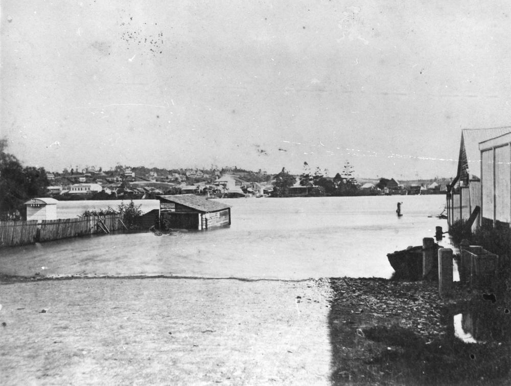 View from the Alice Street ferry ramp looking towards South Brisbane, during the January 22-25 1887 floods.  'John Oxley Library, State Library of Queensland Image: 204039'
